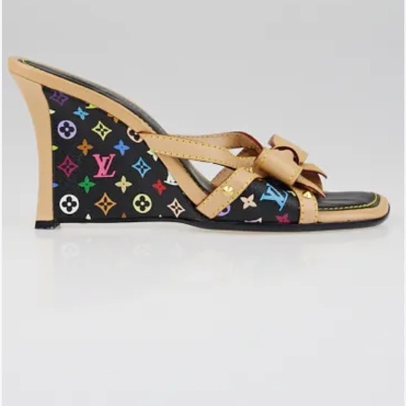 Louis Vuitton Murakami Black Rainbow Monogram Wedge Heels Size 37.5 - Picture 1 of 8